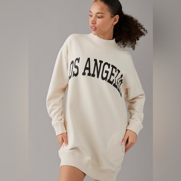 American Eagle Outfitters Beige Los Angeles Sweatshirt Dress - Size Medium - Picture 1 of 7